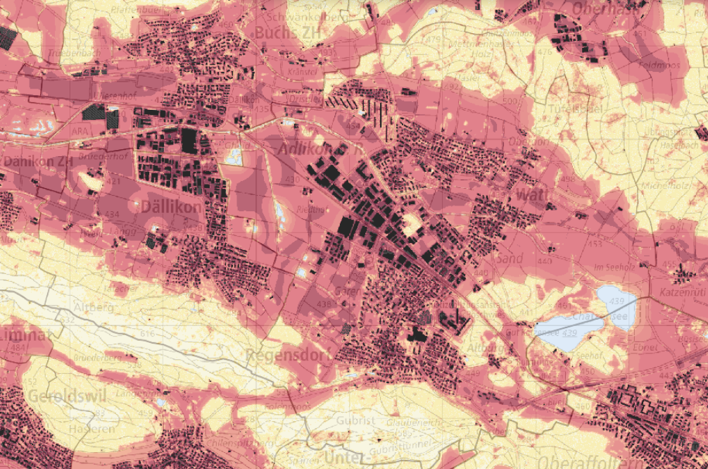 Ausschnitt aus der Klimaanalysekarte Tag im Raum Regensdorf. Klimakarten 2024, Kanton Zürich