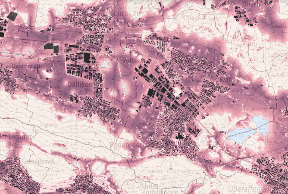 Ausschnitt aus der Klimaanalysekarte Tag, PET, im Raum Regensdorf. Klimakarten 2024, Kanton Zürich
