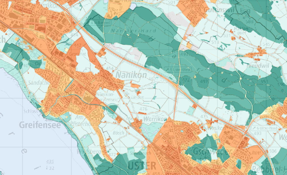 Ausschnitt aus der Bewertungskarte Tag im Raum Greifensee. Klimakarten 2024, Kanton Zürich
