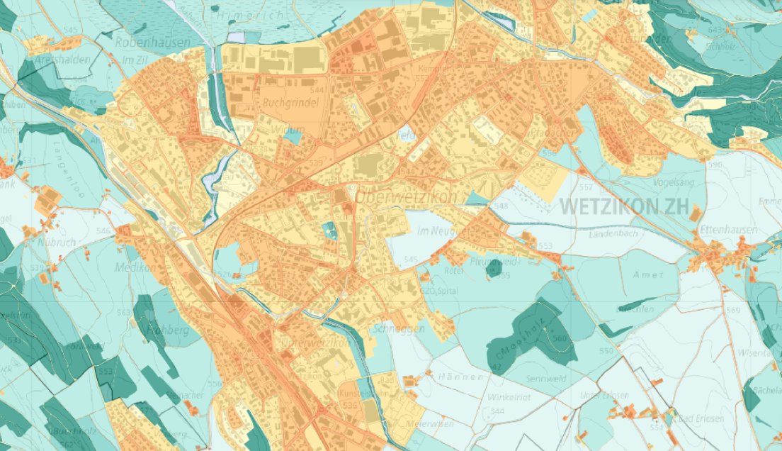 Ausschnitt aus der Bewertungskarte Tag im Raum Wetzikon. Klimakarten 2024, Kanton Zürich