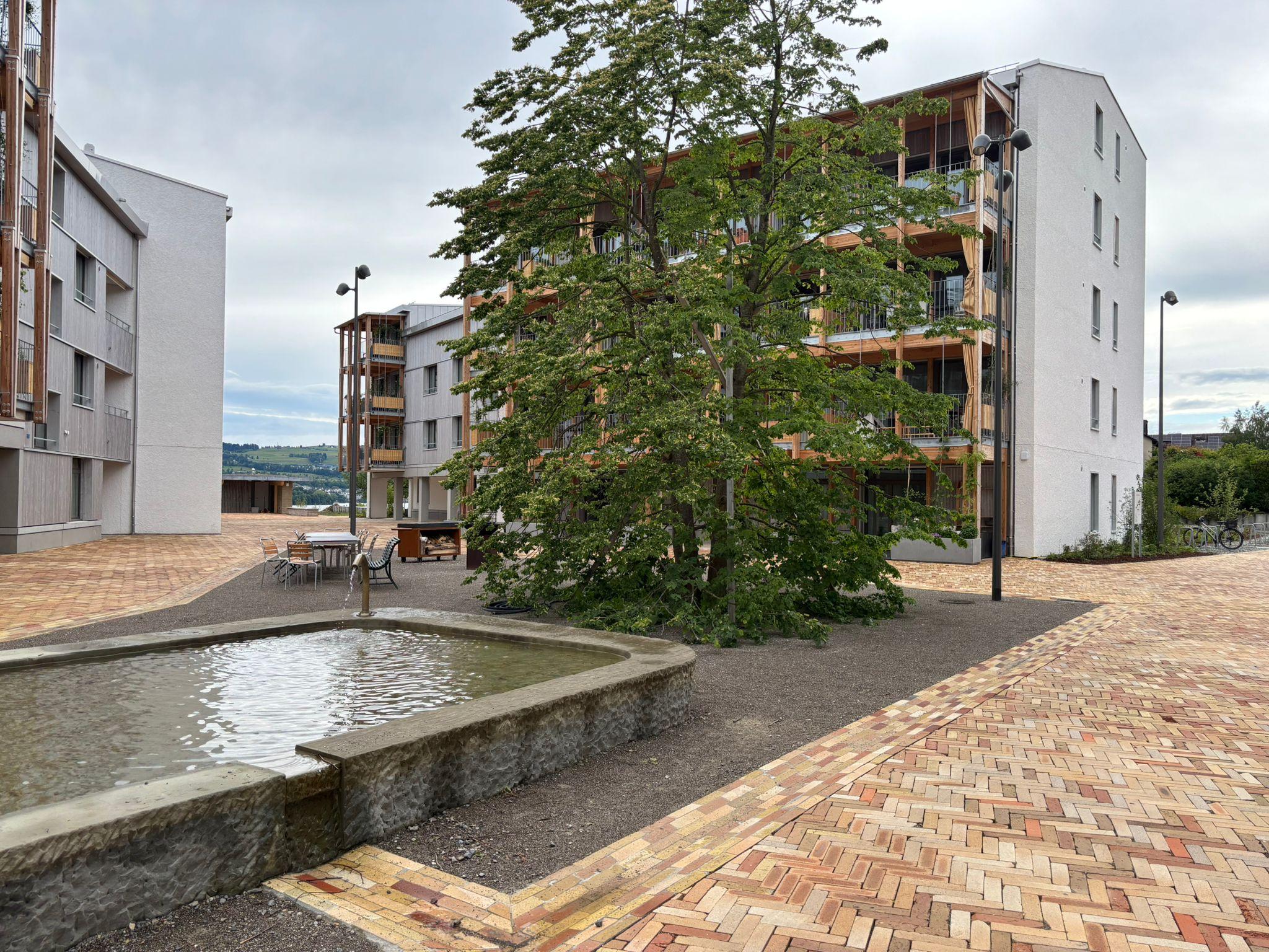 Überbauung mit drei Mehrfamilienhäuser. In der Mitte hat es einen entsiegelten Platz und einen grossen Brunnen mit offener Wasserführung sowie eine grosse Linde. Tische und Stühle bieten Sitzgelegenheiten.