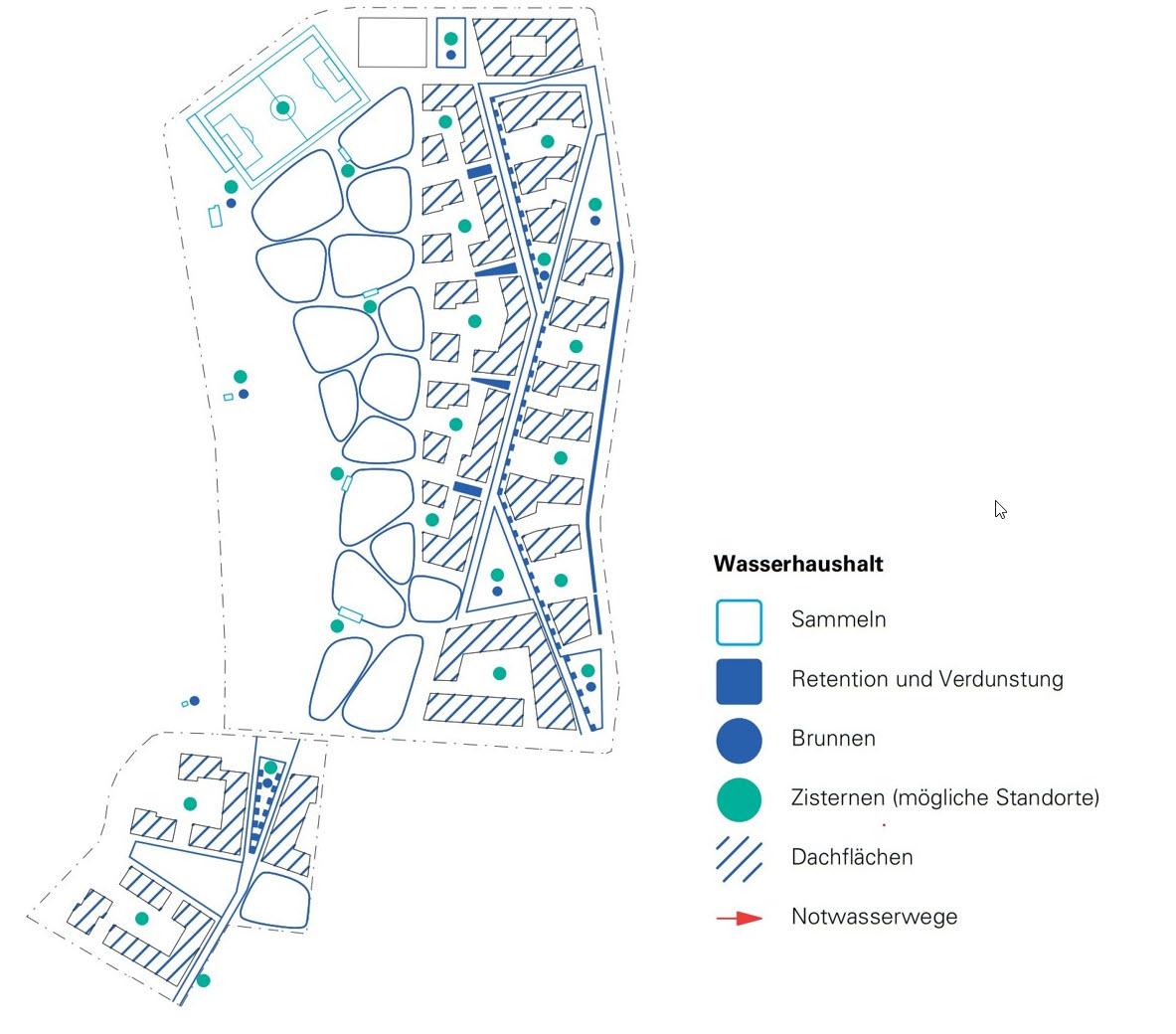 Plan der Siedlung mit möglichen Standorten für Zisternen zeigt