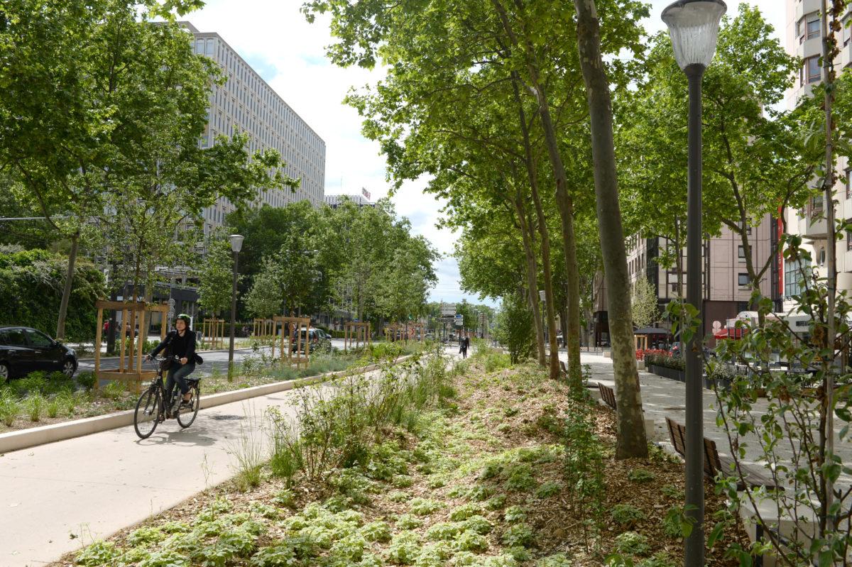 Begrünter Velo-Weg in urbaner Umgebung