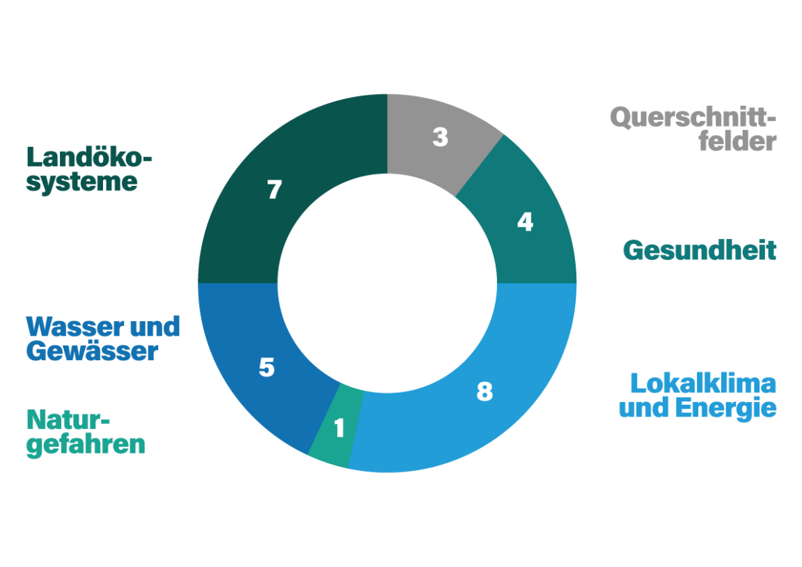 Ringdiagramm, das die Anzahl Massnahmen pro Handlungsbereich aufzeigt. Insgesamt laufen 24 Massnahmen im Bereich Klimaanpassung.
