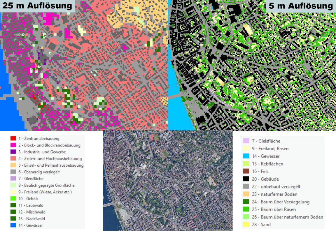 Beispiel von alter und neuer Klimaanalysekarte mit jeweiligen Legenden, die über die klimatischen Verhältnisse im Kanton Auskunft geben.