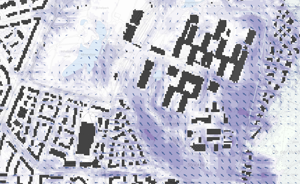Klimaanalysekarte mit eingezeichneten Windgeschwindigkeiten, die vor den als schwarze Rechtecke dargestellten Gebäuden, abbremsen.