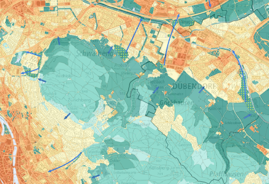 Bewertungskarte von Dübendorf, die anhand von Farben eine Identifizierung der Hitzeinseln ermöglicht.