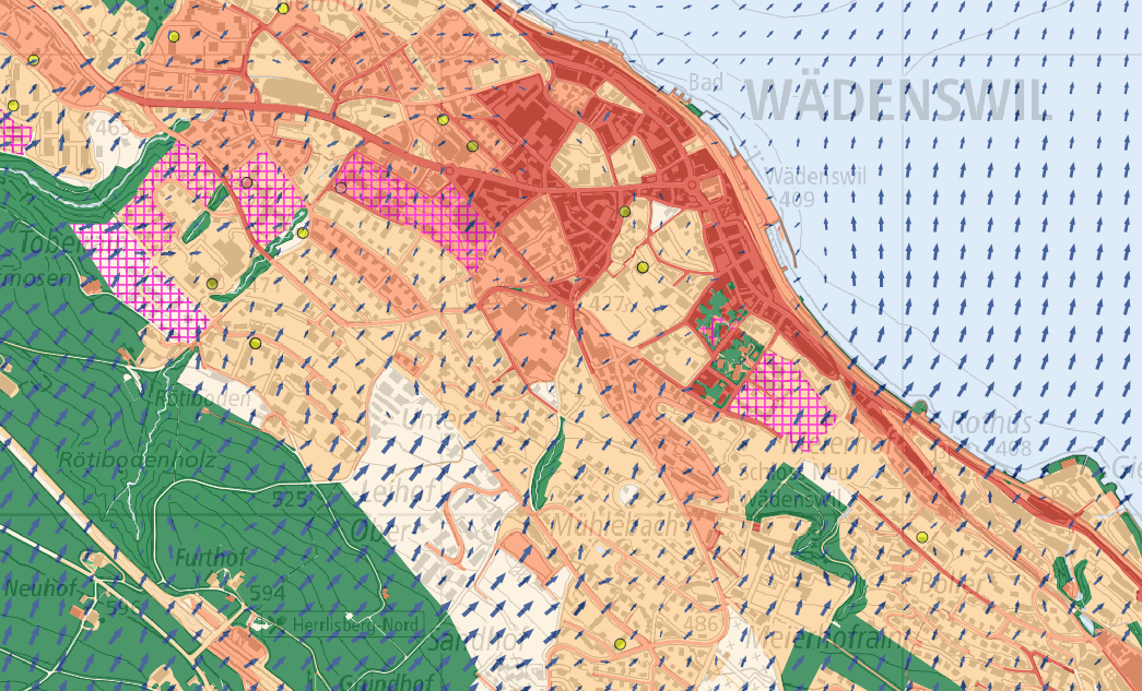 Planungshinweiskarte am Beispiel von Wädenswil, die farblich darstellt, wo sich die HItze wie verteilt.