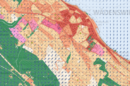Planungshinweiskarte am Beispiel von Wädenswil, die farblich darstellt, wo sich die HItze wie verteilt.