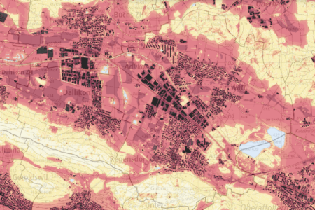 Analysekarte, die in Rot und Gelb darstellt, wie stark Regensdorf tagsüber von der Hitze betroffen ist.