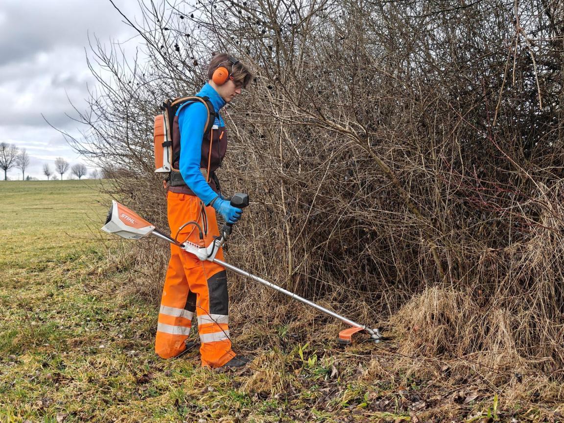 Ein Mitarbeiter der Fachstelle mäht ein Gebüsch mit einem elektrischen Freischneider.