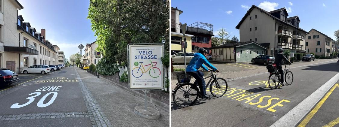 Ein Plakat und gelbe Strassenmarkierungen zeigen die Velostrasse in Uster an. 