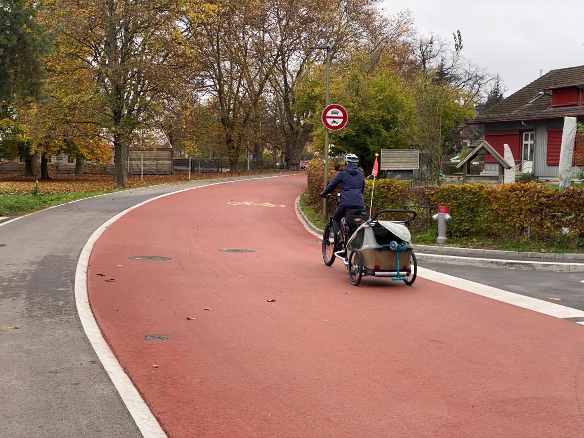 Eine Person auf einem Velo mit Kinderanhänger fährt auf einer Strasse, deren Belag rot eingefärbt ist. 