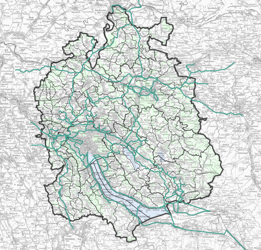 Die Karte aus dem GIS-Browser zeigt das Kantonsgebiet das von einem Netz aus hellgrün eingezeichneten Gasleitungen durchzogen ist. 