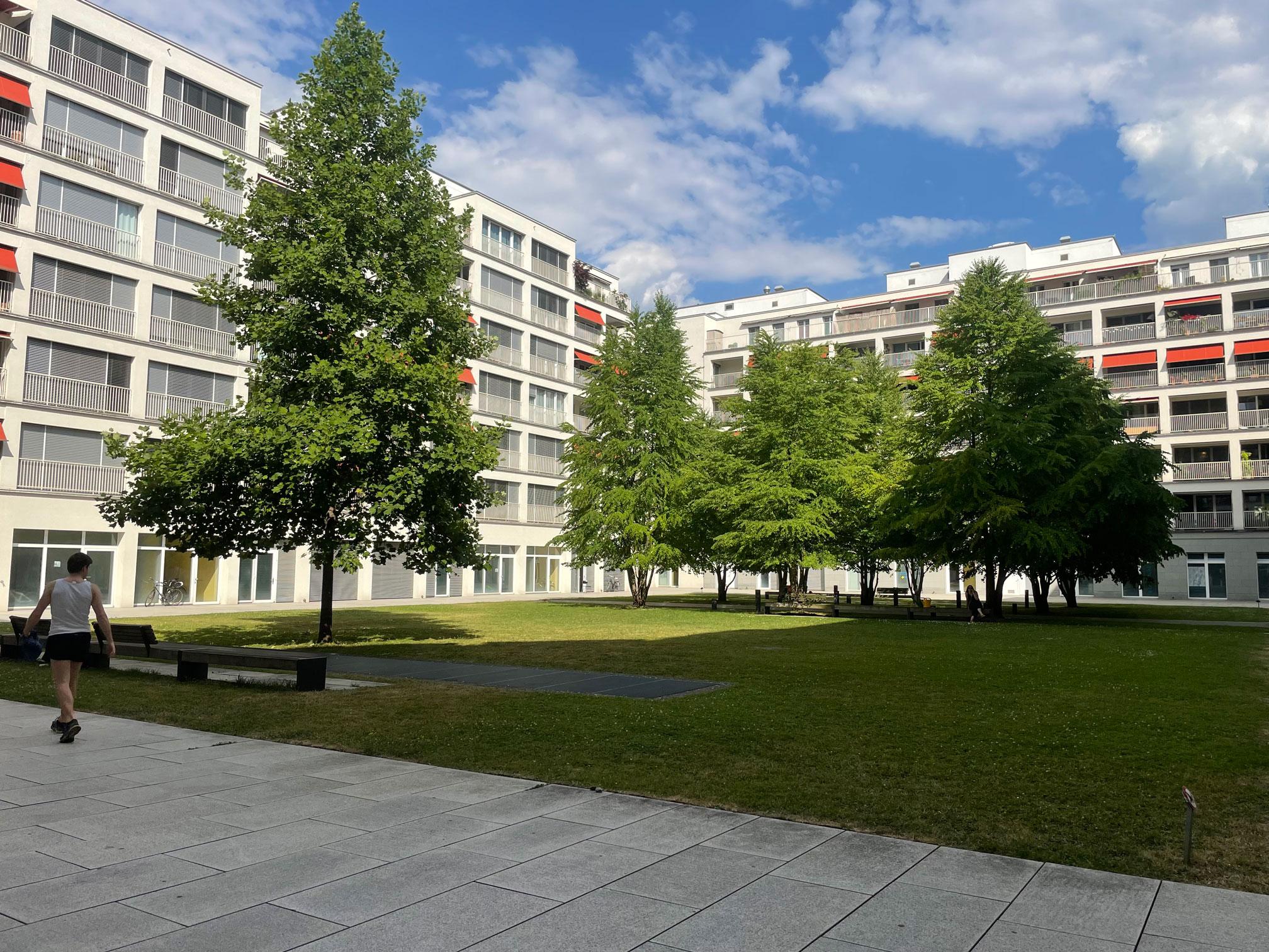 Innenhof einer Blockrandsiedlung mit grosskronigen Bäumen