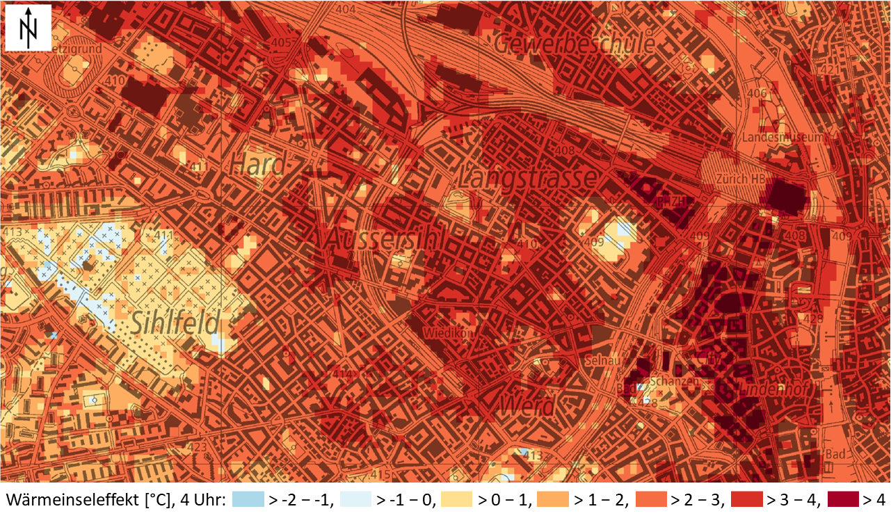 Ausschnitt aus der Klimaanalysekarte Wärmeinseleffekt um 04:00 Uhr: Herausstechend sind die Standorte Friedhof Sihlfeld und das Zürcher Kasernenareal mit einem kleineren Wärmeinseleffekt als die umliegenden Bereiche, da die beiden Standorte hauptsächlich aus grossen Grünflächen bestehen.