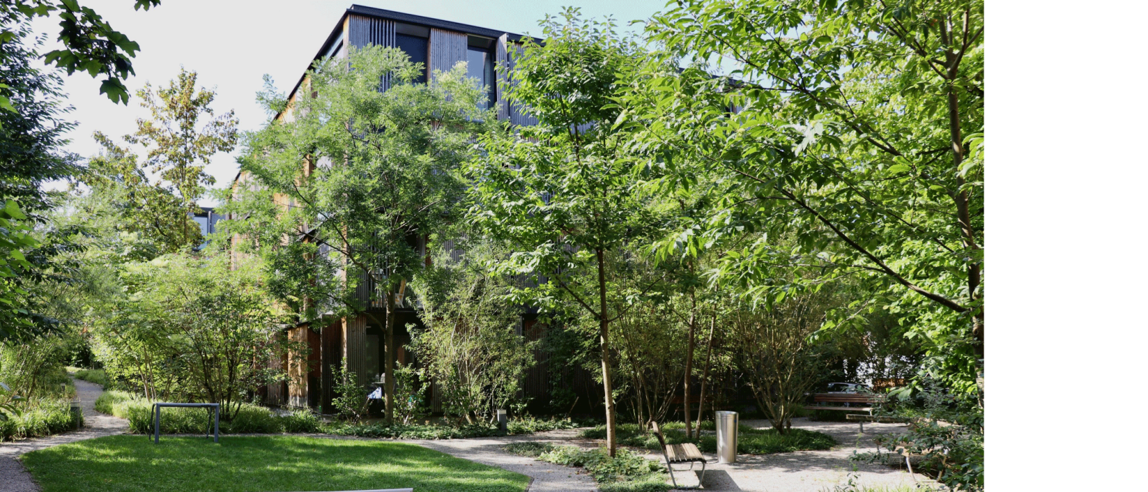 Vielfältig Grünfläche mit kleiner Rasenfläche, schattenspendenden Bäumen für Sitzbänke und Flächen sowie naturnah gestaltete Bereiche sind auf dem Bild der Escherpark Siedlung ersichtlich.