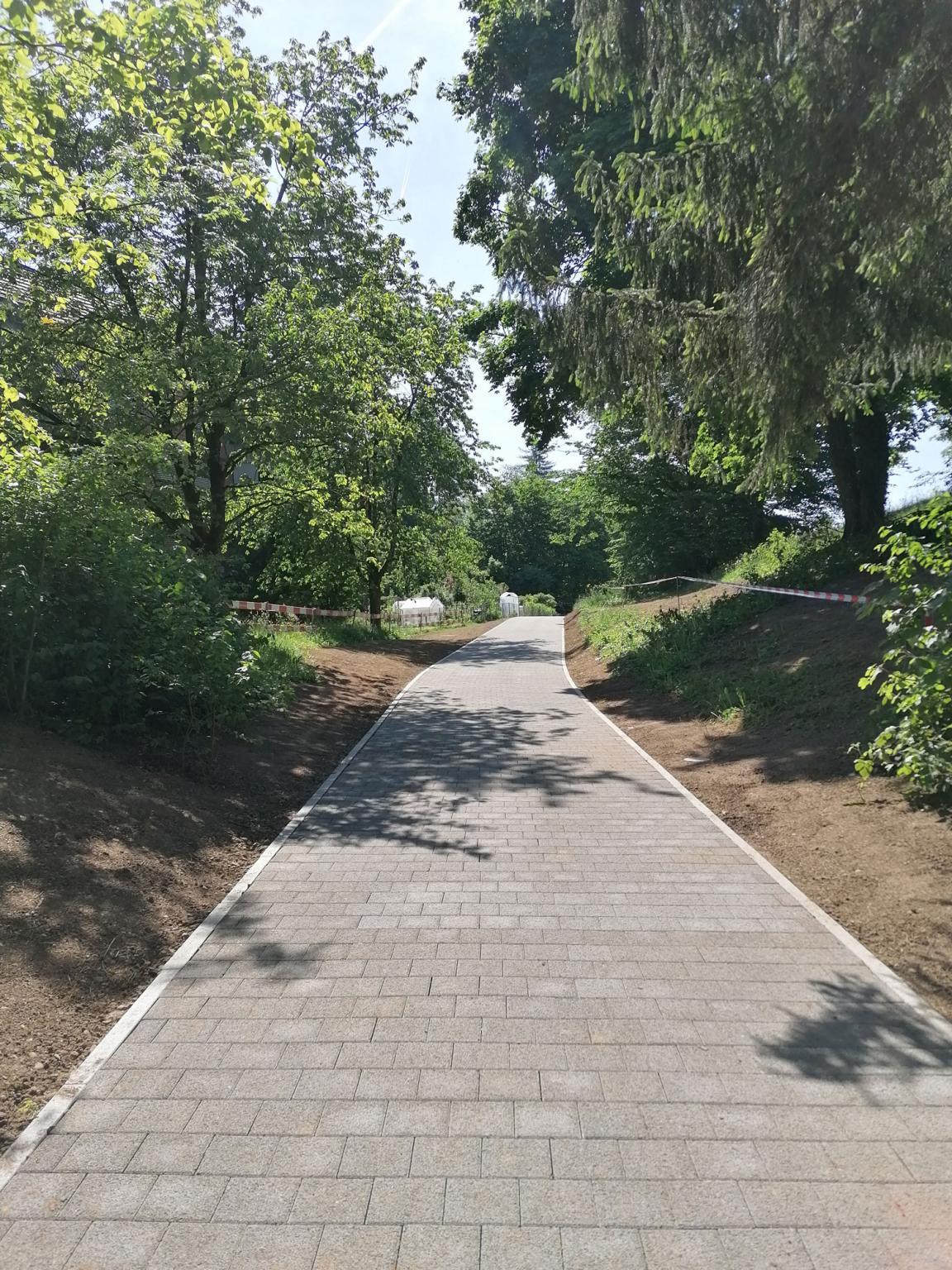 Das Bild zeigt einen Radweg in Glattbrugg. Dieser Radweg hat Verbundsteine und besteht aus Sickerbeton.