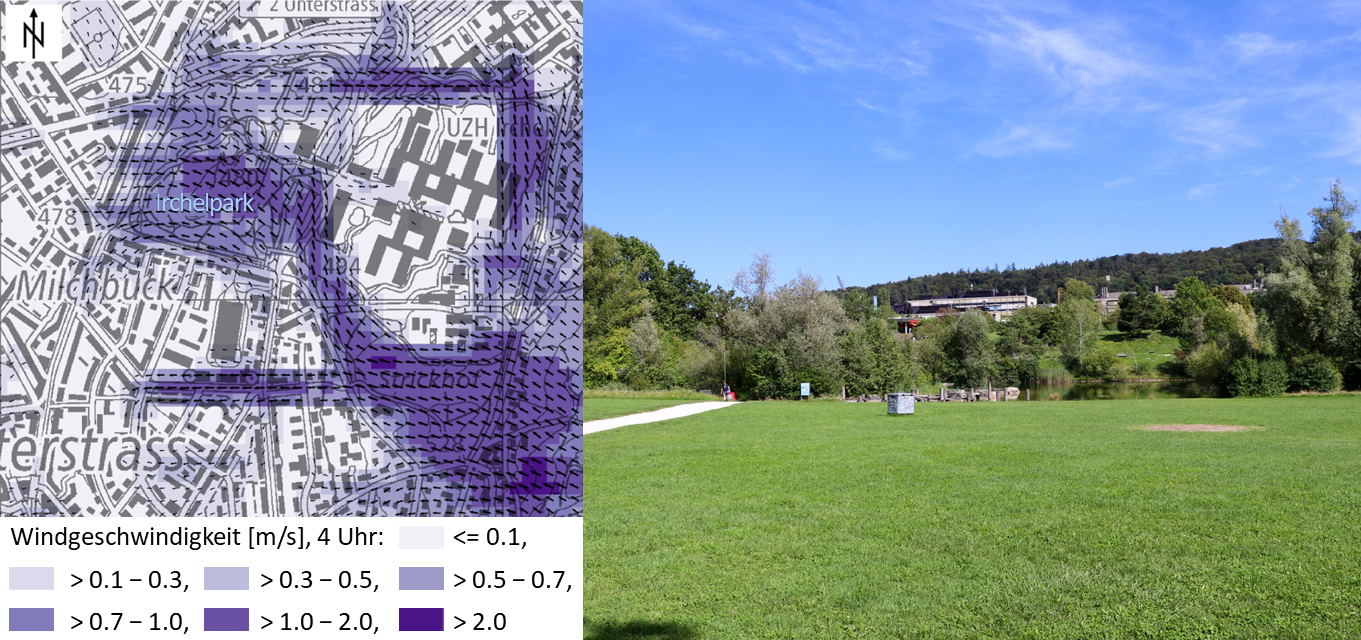Zu sehen ist ein Ausschnitt aus der Klimaanalysekarte Windgeschwindigkeit um 4 Uhr beim Irchelpark. Der Wind wird über dem Irchelpark, welcher aus unversiegeltem Boden besteht, wenig gebremst. Erst wenn der Wind den Park verlässt wird er durch die versiegelten Flächen und Häuser stark gebremst.
