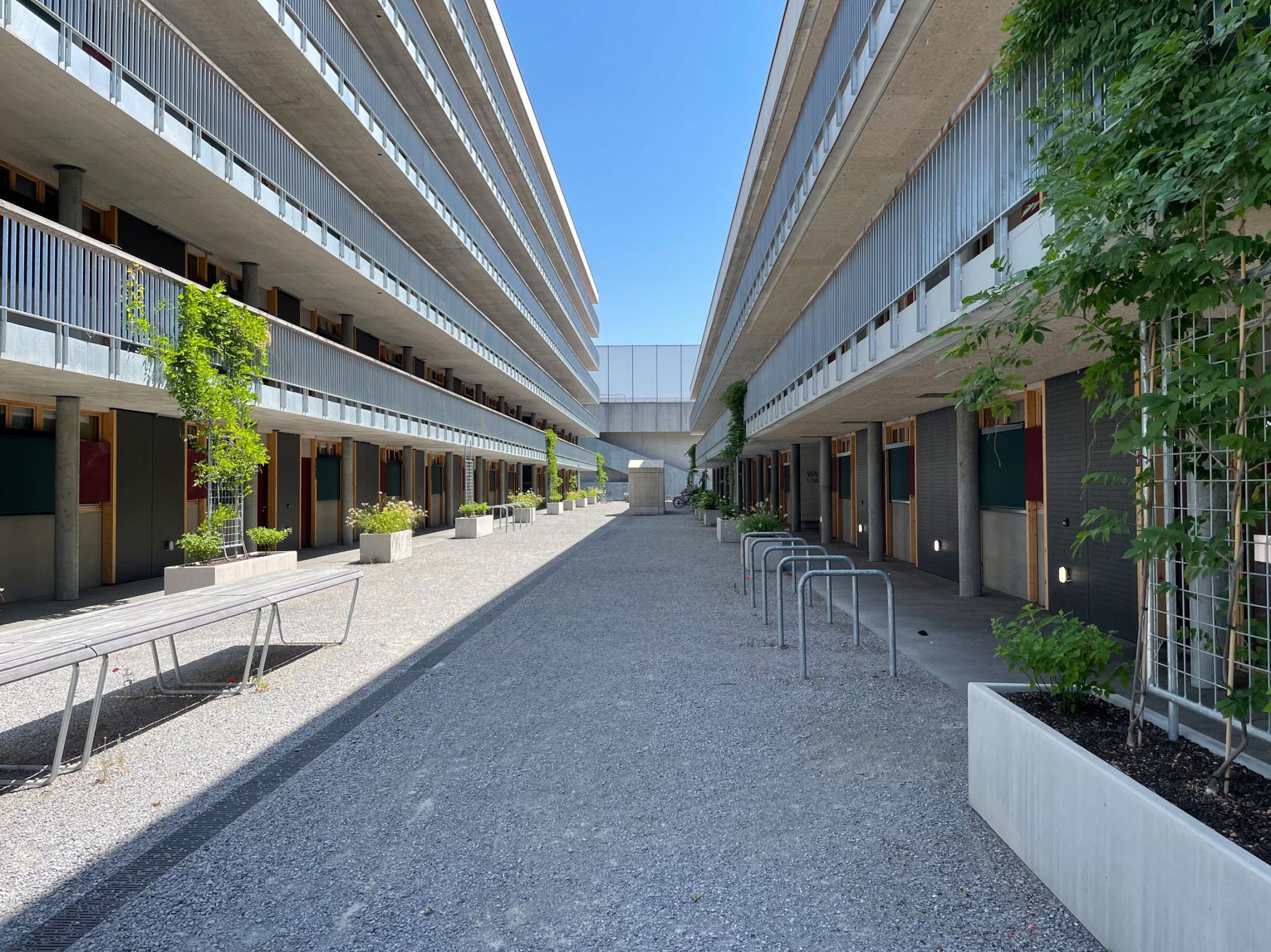 Der Zwischenbereich zweier Gebäude in Schlieren ist entsiegelt und besteht aus hellem Kies.