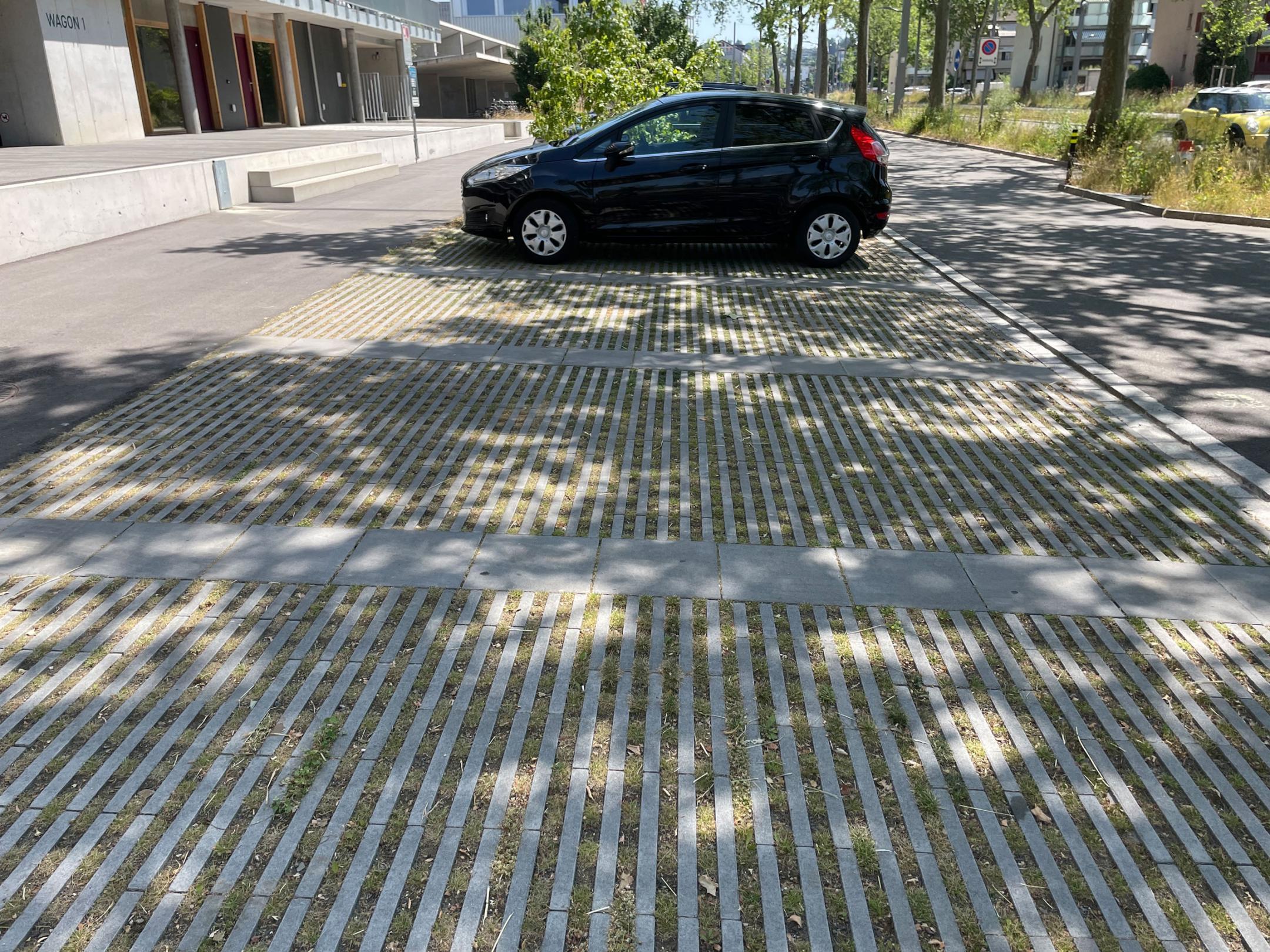 Auf dem Bild sind abwechselnde dünne Beton- und Rasenstreifen zu sehen, welche Parkplätze bilden.