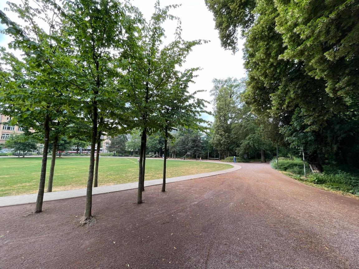 Der Brühgutpark in Winterthur ist ersichtlich, der aus den entsiegelten Oberflächen Rasen und Kies besteht. Somit kann das Regenwasser versickern.