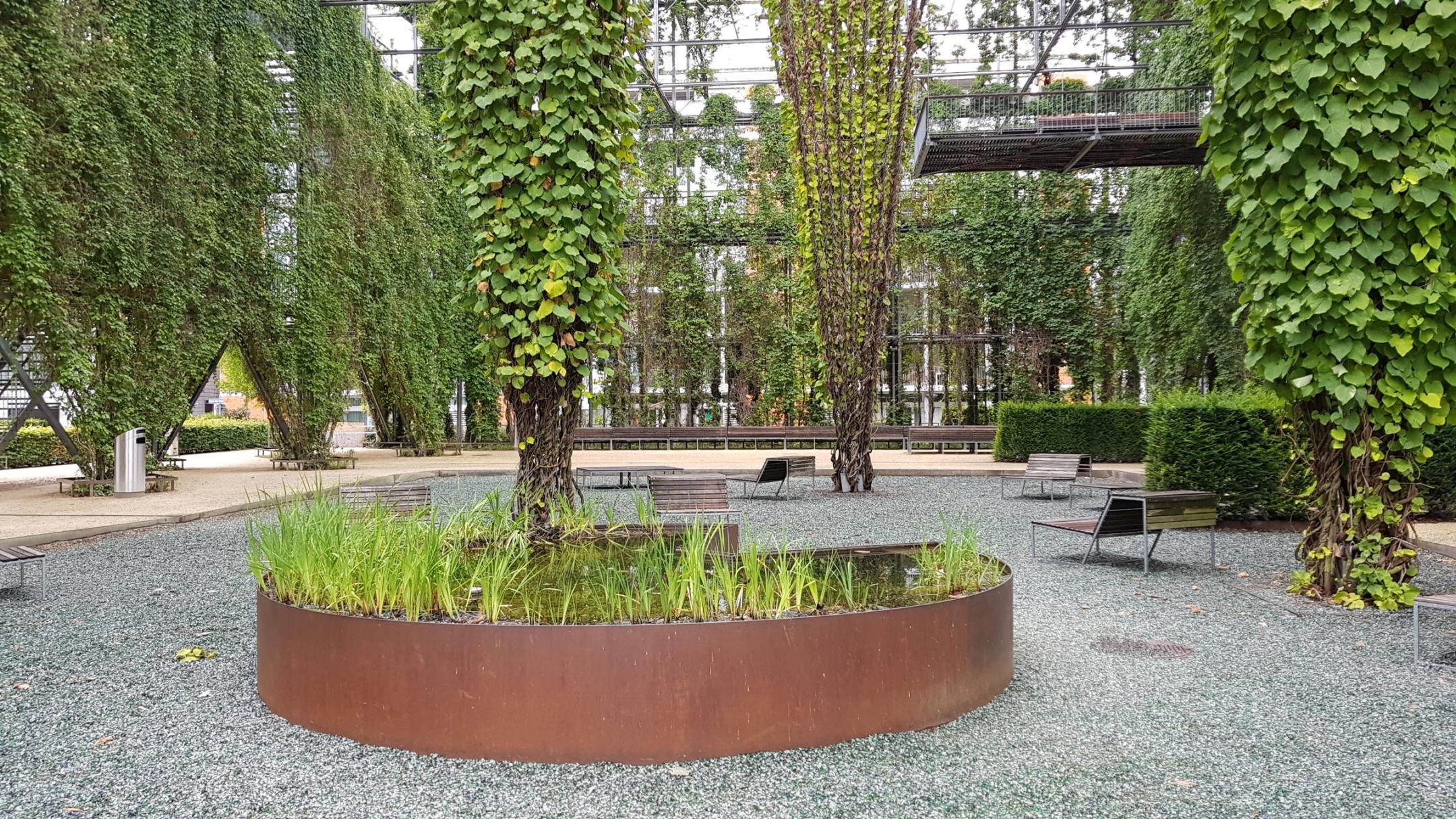 Sichtbar ist ein Kiesboden, somit eine entsiegelte Oberfläche, im MFO Park in Zürich, wo charakterisiert ist durch vertikale Begrünung an Gittern.