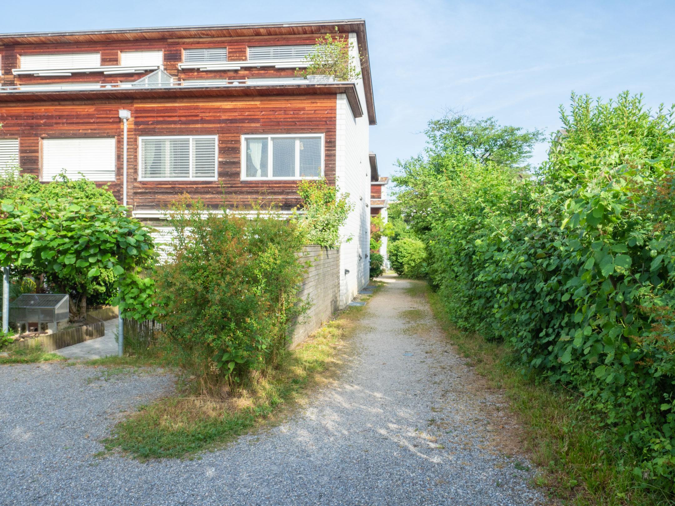 Foto zeigt den Zugang zu einer Reihenhaussiedlung. Ein breiter Kiesweg führt in die Siedlung.