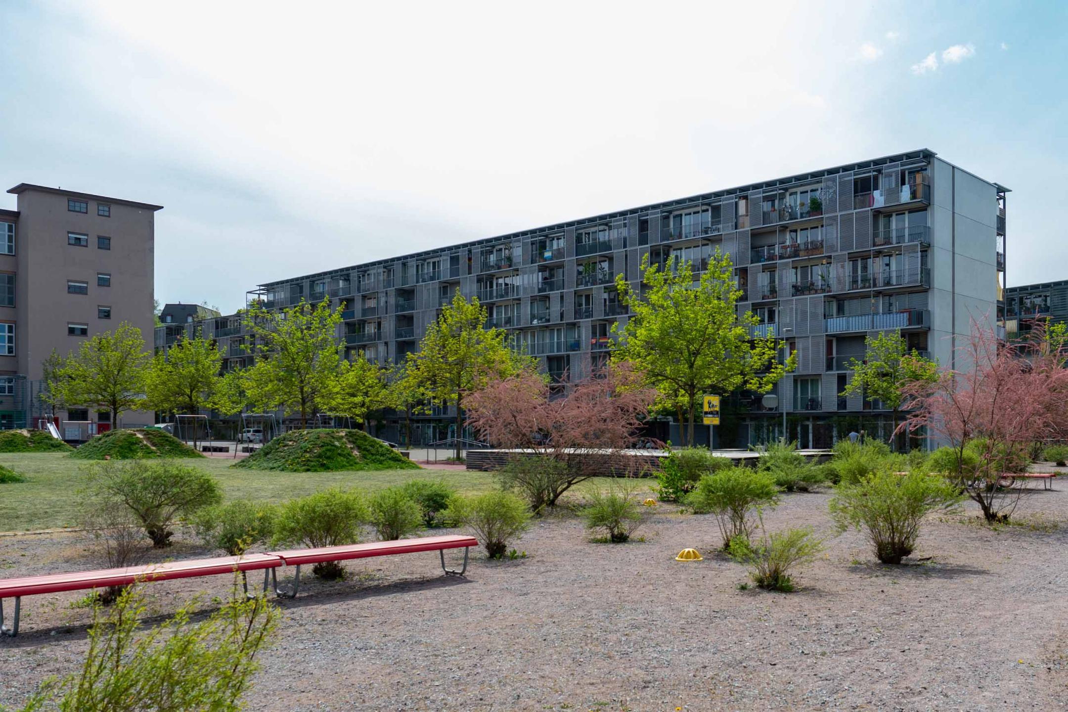 Zürich, Louis-Häfliger-Park: Helle Kiesoberflächen für die begehbaren Aussenbereiche.