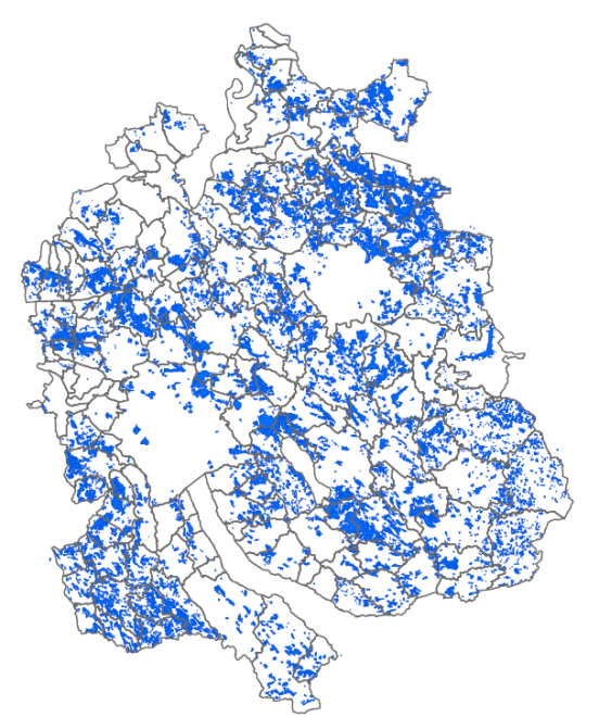 Karte vom Kanton Zürich, in der die systematisch entwässerten Flächen markiert sind. Sie finden die mit staatlichen Mitteln unterstützten drainierten Flächen im Meliorationskataster auf dem GIS-ZH