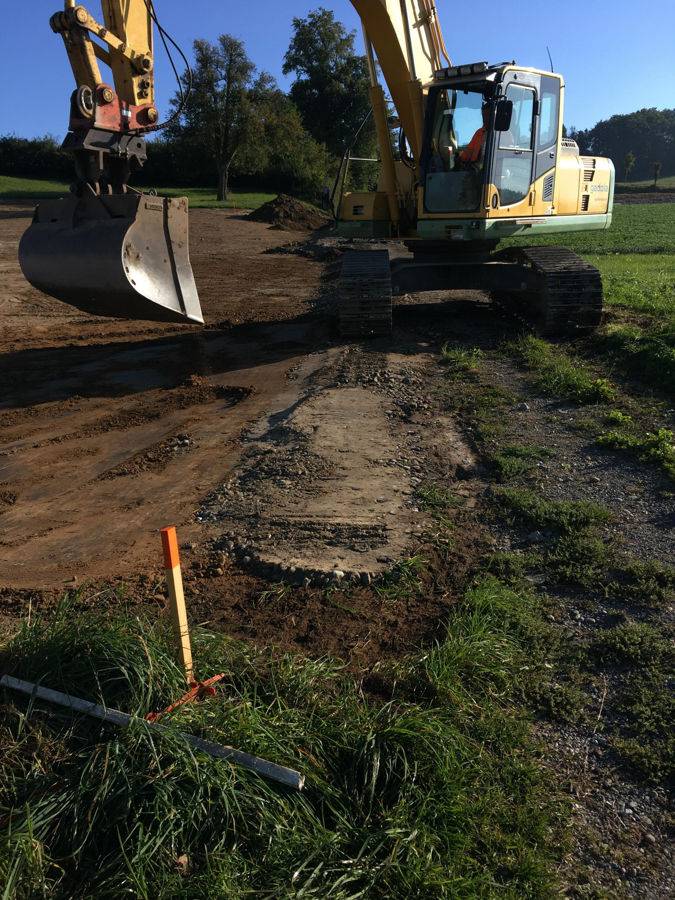 Ein Bagger trägt den Oberboden ab, damit an dieser Stelle eine artenreiche Wiese entstehen kann.