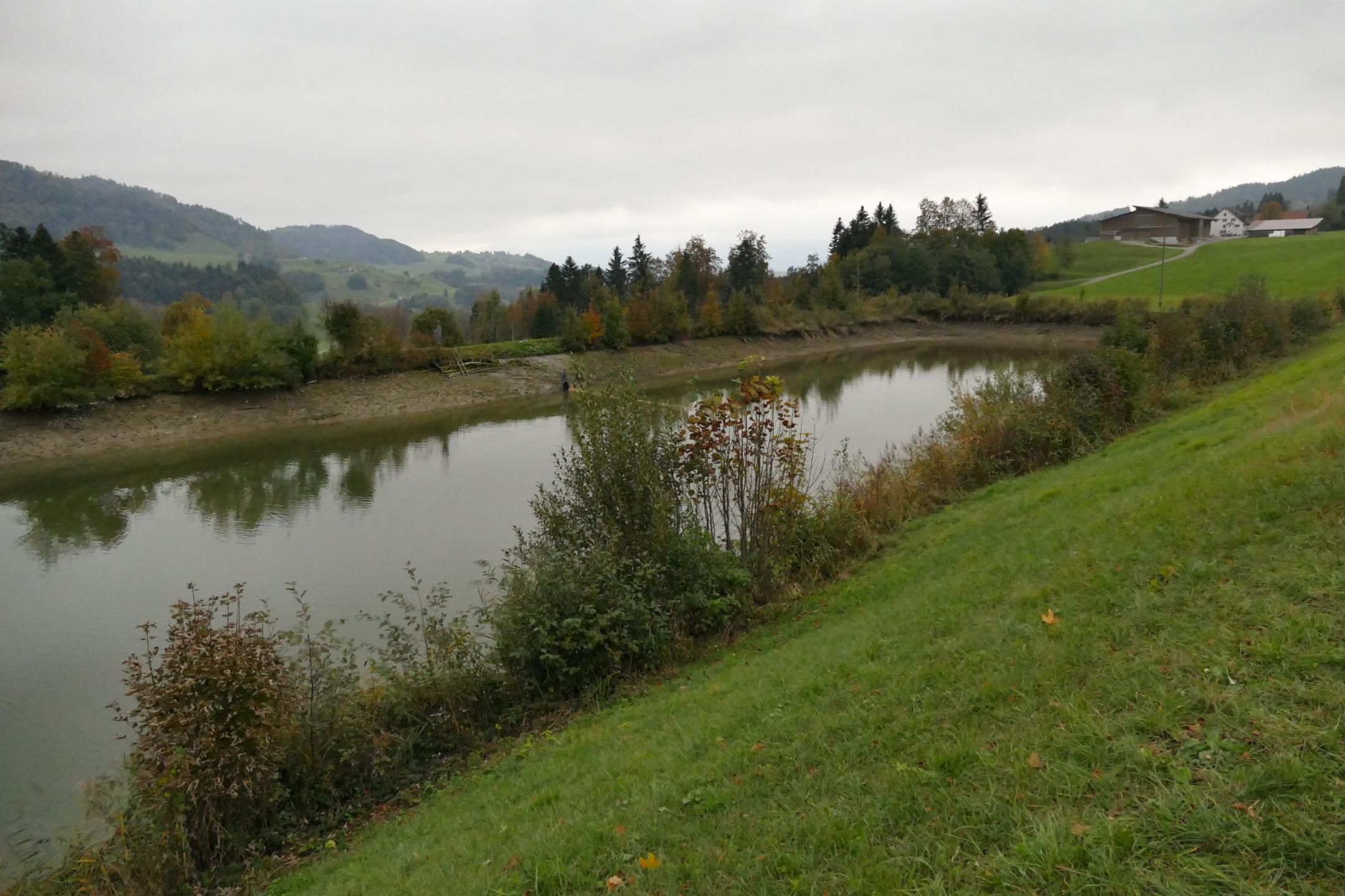 bis zum Rand mit Wasser gefüllter Stauweiher umgeben von Wiesenflächen