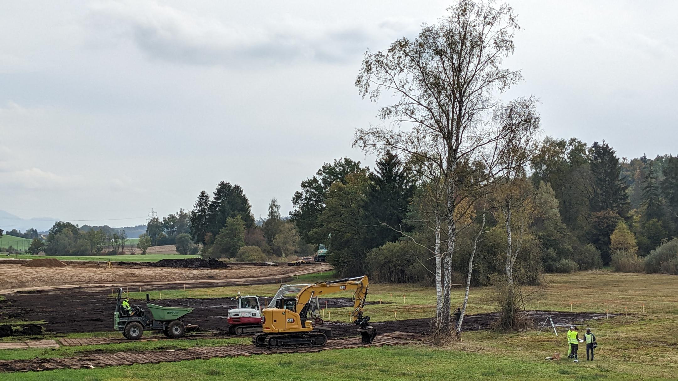 Zwei Bagger tragen Oberboden ab. Dieser wird anschliessend von einem Kipper abgeführt.