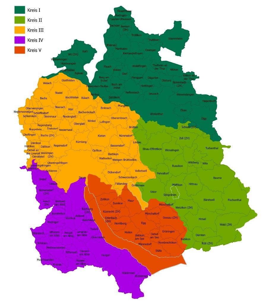 Die fünf Fischereiaufsichtskreise im Kanton Zürich