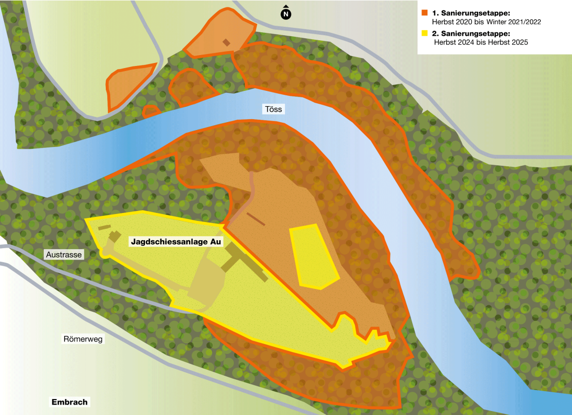 Die Grafik zeigt das Areal der Jagdschiessanlage Au in Embrach. Eine orange Fläche illustriert die erste Sanierungsetappe (Herbst 2020 bis Winter 2021/2022) und umfasst Waldgebiet entlang der Töss. Eine gelbe Fläche illustriert die zweite Sanierungsetappe (Herbst 2024 bis Herbst 2025).