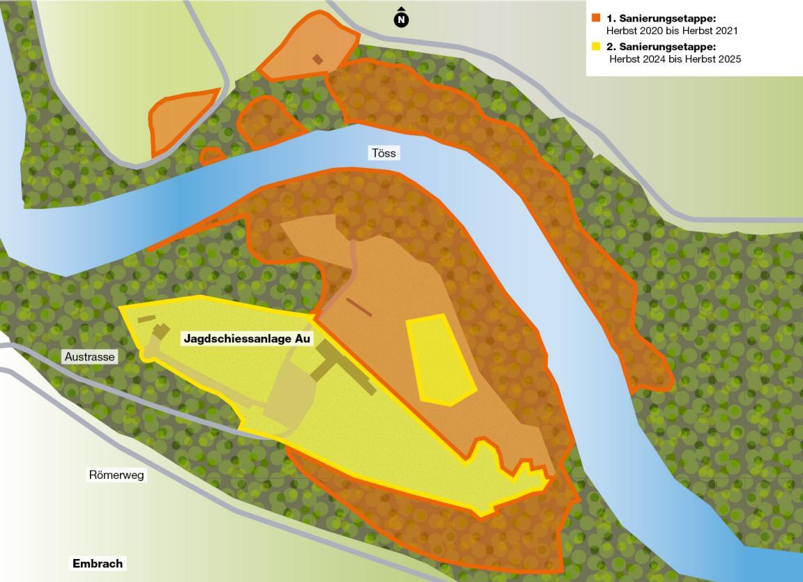 Die Grafik zeigt das Areal der Jagdschiessanlage Au in Embrach. Eine orange Fläche illustriert die erste Sanierungsetappe (Herbst 2020 bis Herbst 2021) und umfasst Waldgebiet entlang der Töss. Eine gelbe Fläche illustriert die zweite Sanierungsetappe (Herbst 2024 bis Herbst 2025).