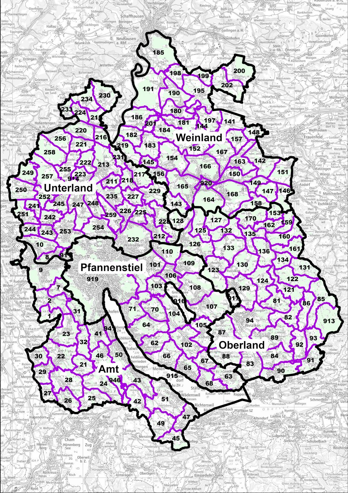 Die Jagdreviere sind in den fünf Jagdbezirken zusammengefasst.