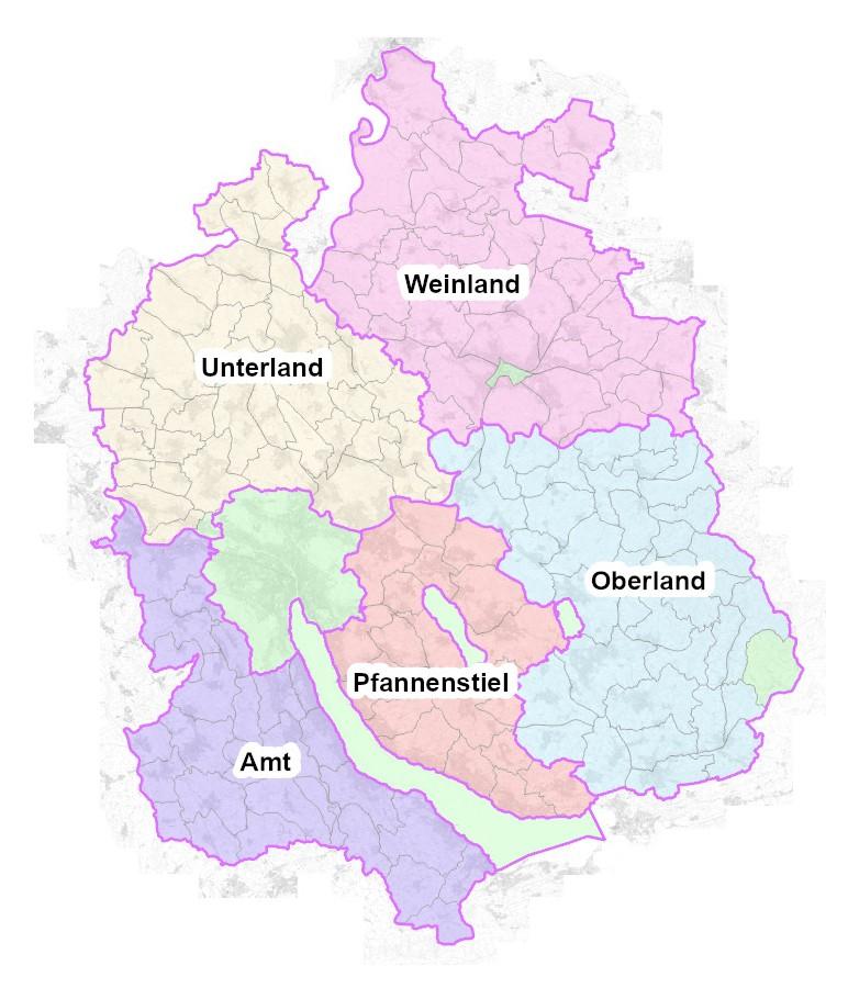 Die Jagdreviere sind in den fünf Jagdbezirken zusammengefasst.