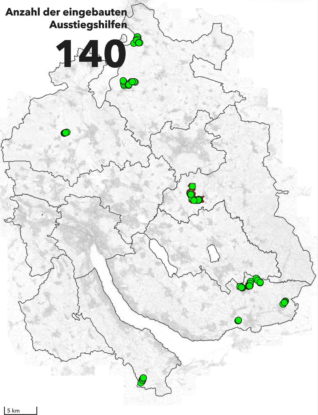 Karte mit Punkten, die die Orte mit eingebauten Ausstiegshilfen markieren