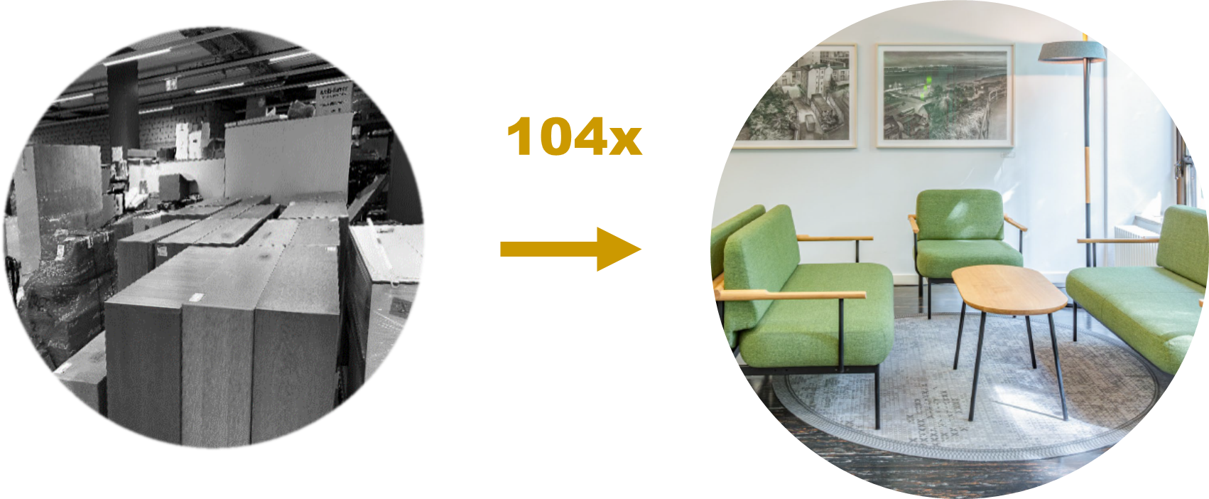 Pfeil mit Überschrift 104 zeigt von einem Bild mit Möbellager zu einem Bild mit Möbeln der ReCollection ZH