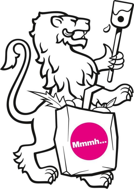 Das Bild zeigt den Zürcher Wappen-Löwe mit Kochlöffel und Einkaufstüte