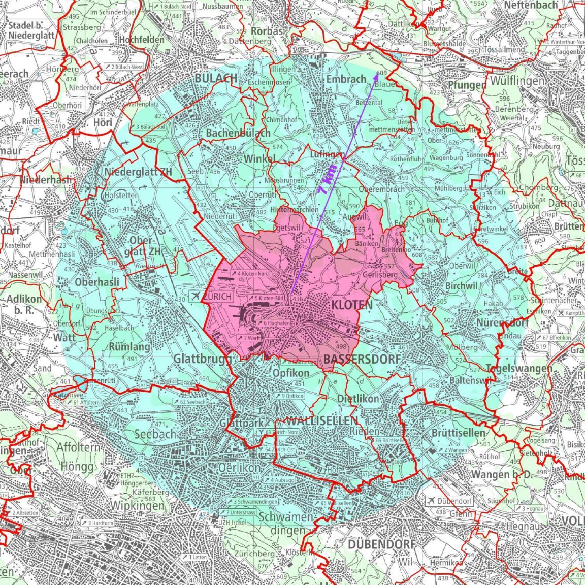 Karte von Kloten und Umgebung mit rot eingezeichnetem Befallsherd in und um Kloten sowie einer Pufferzone (7 Kilometer Umkreis). 
