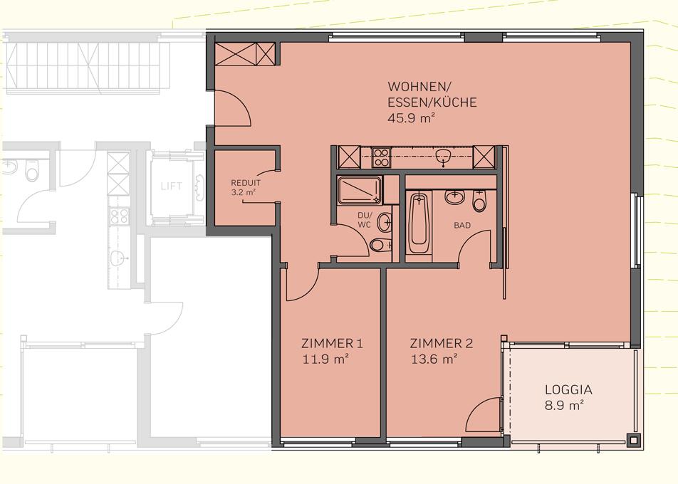 Bild zeigt einen Grundriss einer Wohnung im dritten Stock, die Fenster sind so platziert, dass sich die Wohnräume von der lärmabgewandten Seite lüften lassen.