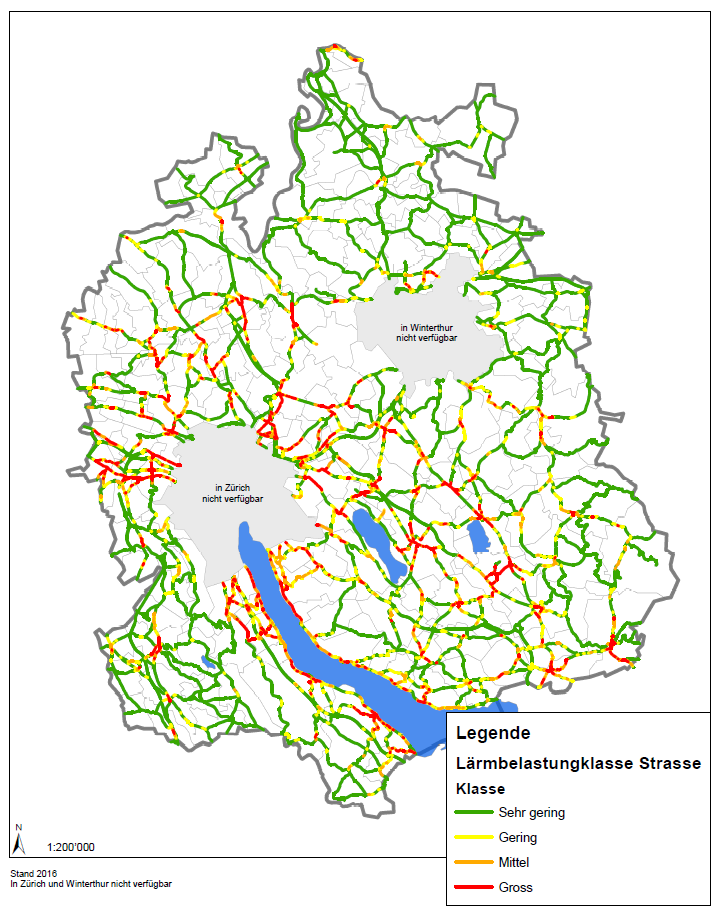 Karte zeigt die Aufteilung der Zürcher Strassen nach Lärmbelastung von sehr gering in grün bis hin zu sehr gross in rot