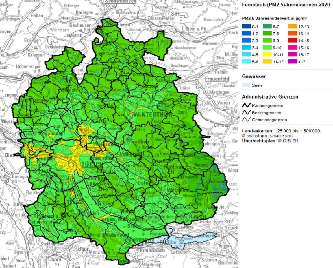 Karte, die Stickstoffdioxid Konzentration im Kanton Zürich zeigt