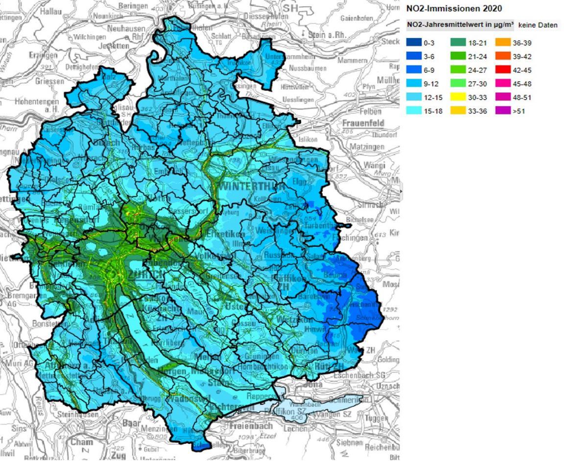 Karte, die Stickstoffdioxid Konzentration im Kanton Zürich zeigt