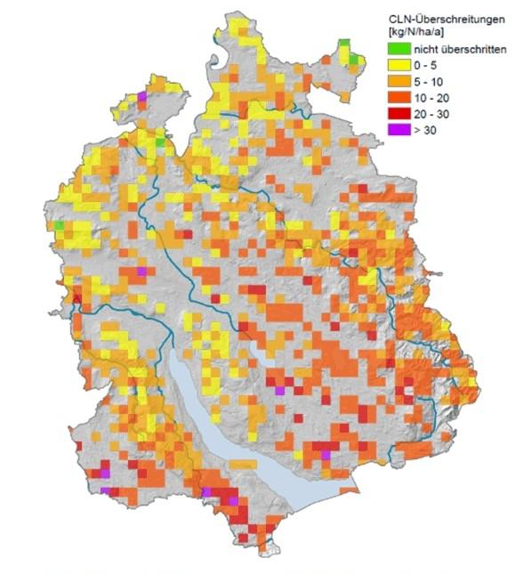 Karte zeigt CLN-Überschreitungen durch Stickstoffeinträge im Kanton Zürich im Jahr 2020