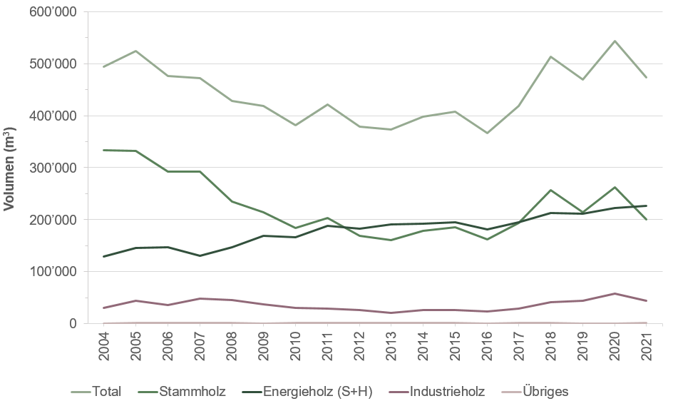 Durchschnittlich wurde zwischen den Jahren 2004 und 2015 immer weniger Holz genutzt. Im Jahr 2016 stieg die Holznutzung jedoch wieder an.