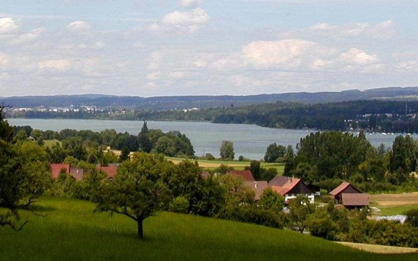 Bild von einem Hügel mit dem Greifensee bei Bewölkung