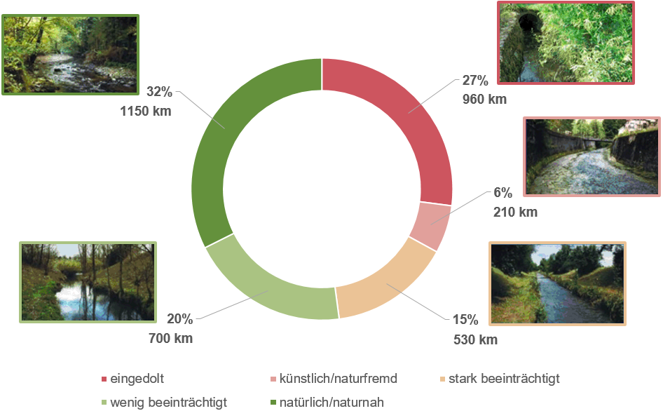 Bilder von Fliessgewässern und ihrem Zustand von eingedolt  über künstlich/naturfremd, stark beeinträchtigt bis zu wenig beeinträchtigt  und natürlich/naturnah